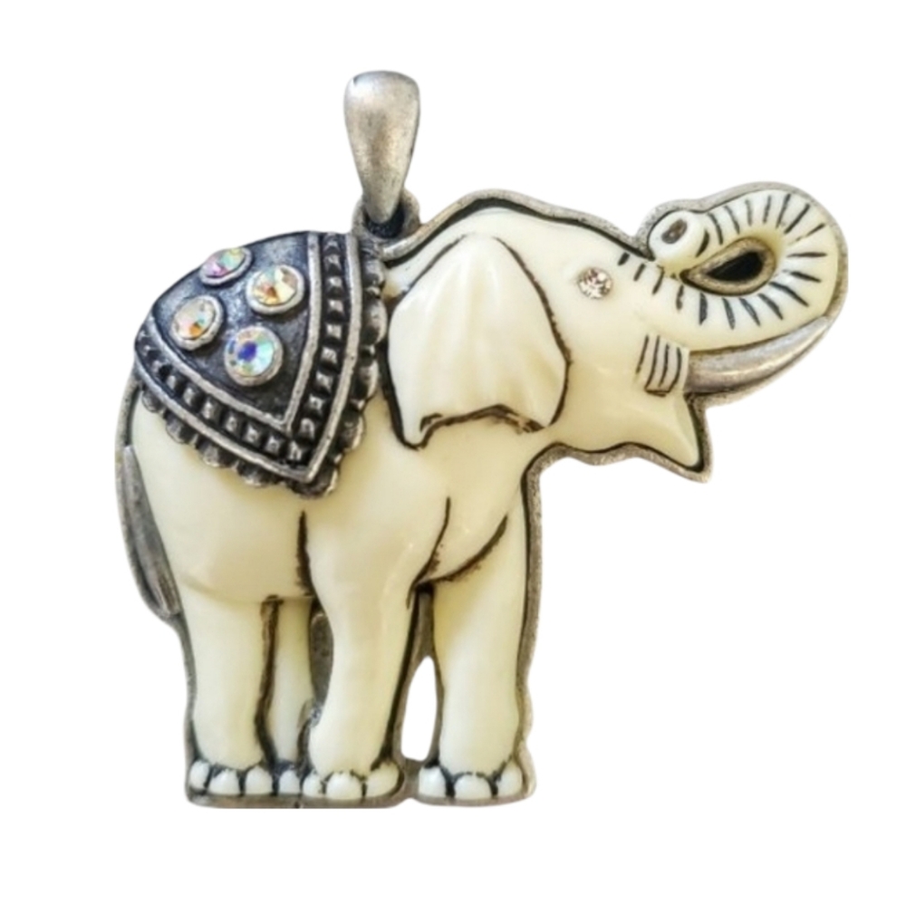 Plastic Faux Ivory Elephant Pendant With Rhinestones On A Sterling Silver Bezel